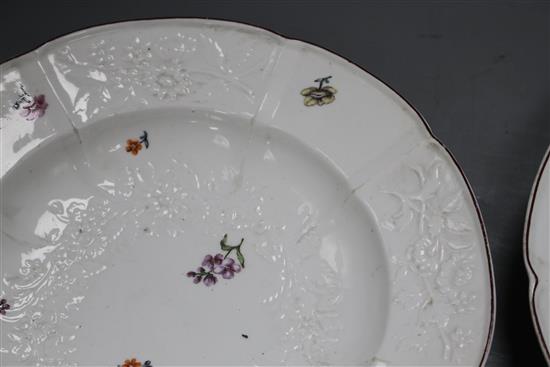 A pair of Chelsea Gotzkowsky type flower moulded dinner plates, c.1755, spur marks only, 24.5cm